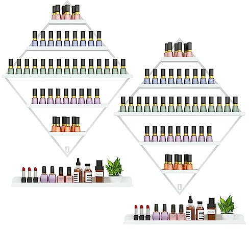 LADOKEE 2 Sets Nagellack Aufbewahrung,Nagellack Organizer Metall Parfum Regal 5 Ebenen Wandmontierter mit Nagellackregal Wandregal，Ätherische Öle Aufbewahrung für Nagelstudio Zubehör (weiß)