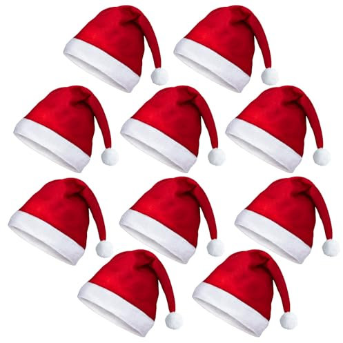 benpen 10PCS Santa Hats Christmas Hat for Adults Bulk, Xmas Party Hats Fancy Dress or Santa Claus Costume, Red, Classic Santa Outfit for New Year Festive Party Supply