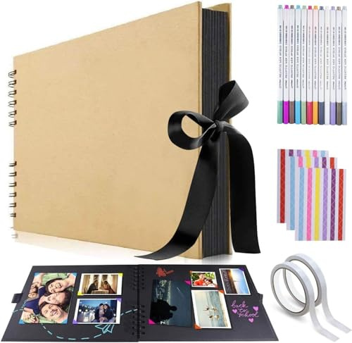 Fotoalben, Scrapbook Fotoalben mit 12 Metallic-Marker-Stiften DIY Erinnerungsalbum 80 Seiten A4 Bastelpapier 32 x 21,1 cm für Familie Hochzeitstag Baby Geschenk (Braun mit Box)