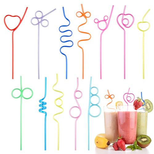 12PCS Reusable Creative Colorful Straws - Multi-Shaped PVC Drinking Plastic for Party Supplies, Juices, Cocktails, Birthday and Picnic