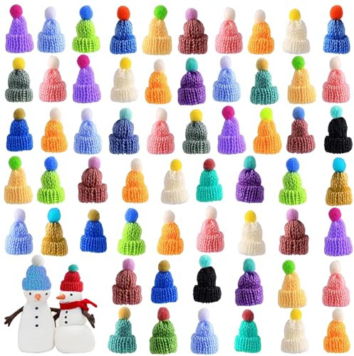 60 Stück Mini Hüte Strickmützen, Mützen für Sorgenwürmchen, Mini-Puppe Mini-Mütze Weihnachtsmannmützen Finger Weinflache Hut Mini Wollmütze Puppen Hut Puppenzubehör für DIY Kunsthandwerk Kunst