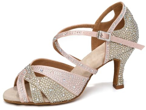 YCALCP Scarpe da Ballo Latino Americano Donna con Strass in Raso Punta Aperta Salsa Bachata Scarpe da Ballo da Sala,YCL388-Rosa-7.5,EU 41