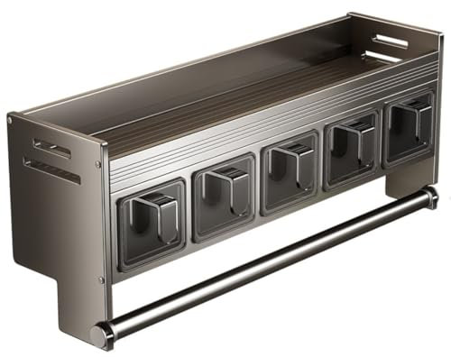 HDKSHX Gewürzregal, Gewürzhalter, Platz, Aluminium-Gewürzregal mit 5 Fächern, Papierrollenhalter, wandmontiertes Gewürzglas-Regal für Gewürzgläser, Flaschen, Küchenaufbewahrung, Gewürz-Organizer