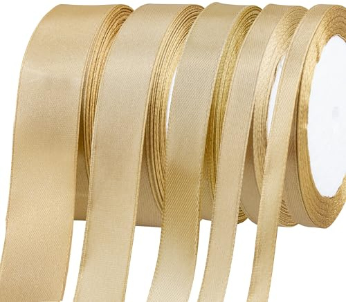 Fyshird Satinband Gold 25/20/15/10/6mm Geschenkband Breit Gold Schleifenband Hochzeit Polyester Bänder zum Basteln Dekoband für Geburtstag DIY Geschenkverpackung Weihnachten (22m/Rolle)