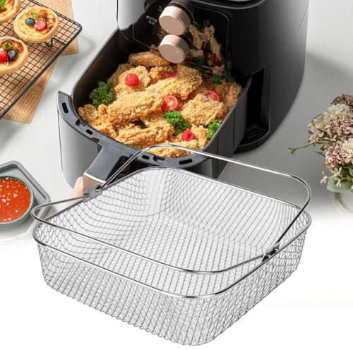 Oceanlend Fritteusenkorb, Frittierkorb Edelstahl quadratisch Griff Netz-Kochkorb ideal zum Braten Pommes Frites Hähnchenflügel Und Fischsnacks kompatibel mit 8QT 6QT Air Fryer 20 x 20 x 6 cm