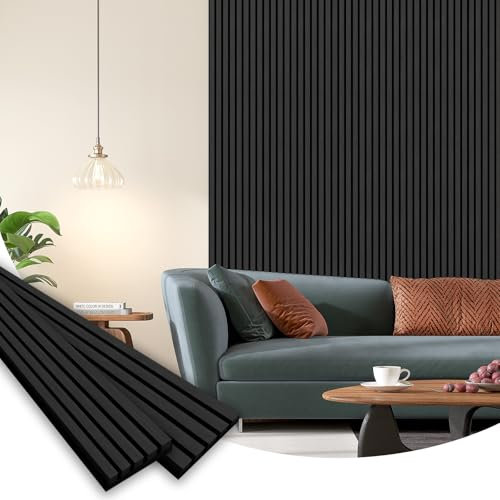 SMARTSTANDARD 30 Sq Ft Wood Slat Acoustic Panels, 2 Pack 94x23.6 Black Slats, Sound Absorbing Wall & Ceiling Panels for Home Theater, TV Background & Accent Wall Decor