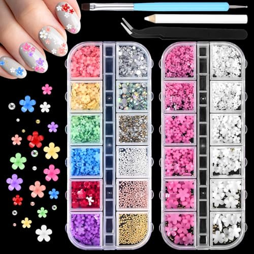 Oruola 2 Boxes 3D Flower Nail Art Charms,Colorful Resin Blossoms Nail Rhinestones and 3 Colors Pearls with Pickup & Dotting Tools for Acrylic Nails,12-Grid Nails Decoration Set for DIY Manicure
