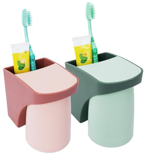 Zythrem 2 Stück Zahnbürstenhalter Zahnputzbecherhalter ohne Bohren Toothbrush Holder Mit Magnetischem Becher Kinder Zahnputzbecher Wand Zahnputzbecher Kunststoff (Grün + Rosa) für Familien