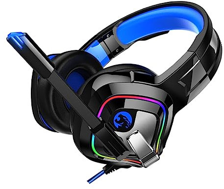 Gadpiparty Cuffia da Gioco con Auricolare e Audio Surround Cuffia con Microfono Ruotabile Gradi e Cancellazione Rumore con Luce Rgb Blu