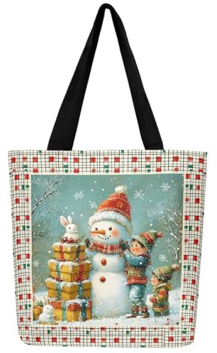 Loussiesd Frohe Weihnachten Leinwand Einkaufstasche Weihnachtsschneemann Stofftasche für Strand Einkaufen Weihnachten Schlafzimmer Weihnachts schneeflocke Einkaufsbeutel Weihnachts Mode Tragetasche