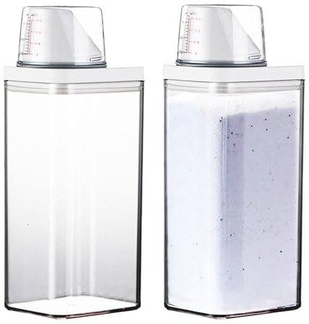 Dispenser per Detersivo, 2 Pezzi Dispenser Detersivo Lavatrice, 1500ml Dispenser per Detersivo con Misurino, Contenitore Multiuso per Detersivi in Polvere, Per Conservare Detersivi, Riso, Cereali, Ecc