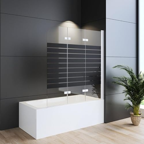 WDWRITTI Duschwand für Badewanne 120x140cm Faltbar 3-teilig, Badewannenaufsatz mit Schwarz Gestreift Duschtrennwand aus 6mm ESG Sicherheitsglas, Duschabtrennung für Badewanne in Weiß Alu