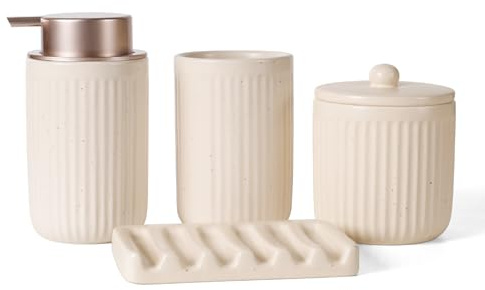 UMLACA Badezimmer Set Keramik, 4 Teiles Badezimmer Zubehör Set, Badezimmer Organizer mit Seifenspender, Seifenschale, Zahnputzbecher, Wattestäbchen Kanister, Hochwertiges Badezimmer Deko Set