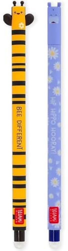 LEGAMI Set mit 2 radierbaren Gelstiften mit thermoempfindlicher Radiertinte, verschiedene Tintenfarben und Schaftdesigns, 0,7 mm Spitze, Biene und Nilpferd