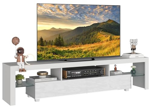 Panana 160cm LED Lights TV Cabinet Unit Modern High Gloss Front TV Stand with 2 Drawers Media Storage and Glass Shelves for TVs up to 70inch Living Room (White)