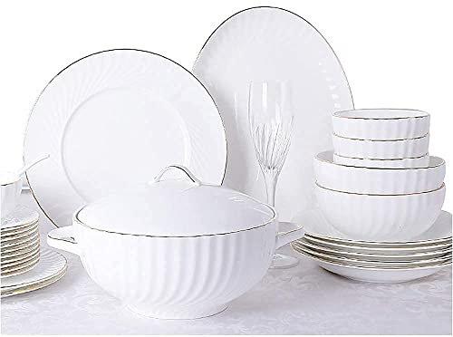 SGKOMN Service de Table 36 pièces en Porcelaine Tendre, Blanc, Rond, incassable, Durable, Assiette à dîner, Bord doré, pour 8 Personnes