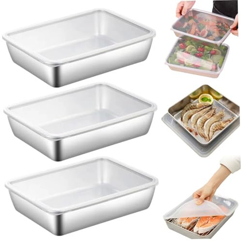 Muzrunq Bandeja para hornear con tapa de pp 3pcs bandeja de acero inoxidable de grado alimento de 10x8x2in con de almacenamiento de alimentos fáciles y fácil de almacenamiento de borde enrollable.