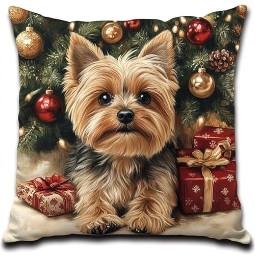 WallustrioaW Weihnachten Knüpfkissen Set,Yorkshire Terrier und Dekorationen,Knüpfkissen Set für Anfänger Erwachsene oder Kinder zum Selber Knüpfen,DIY Knüpfteppich Knüpfpackung,43x43cm