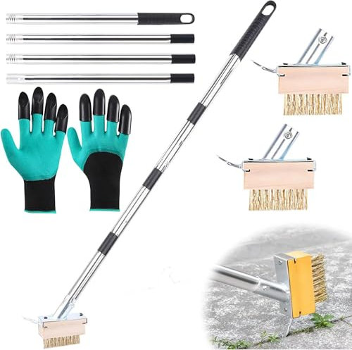 Cepillo para Malezas con Mango 160cm,2 Cabezales De Cepillo De Alambre De Malas Hierbas y Guantes de Jardinería,Cepillo De Malas Hierbas,para Limpieza De Juntas,para Eliminar De Musgo,Malas Hierbas