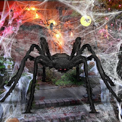 Giant Halloween Spider, 79“ Scary Giant Spider, 60g Spider Web, 20 Pcs Small Fake Spiders, Spider Decorations, for Indoor Outdoor Scary Haunted House Props Spider Web Party Halloween Decorations