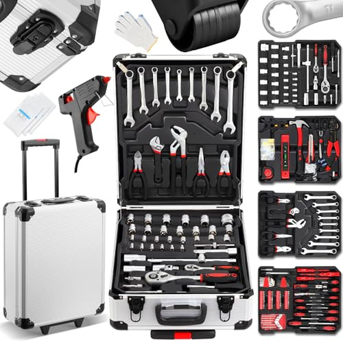 TEENO Caja Herramientas | Maletín de Herramientas 1000 Piezas | Caja de Herramientas Completa con Maletín de Aluminio | Ruedas y Asa Telescópica | Kit de Herramientas para Hogar, Garaje y Reparaciones