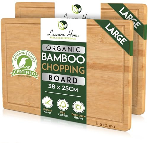 Lazzaro Bamboo Chopping Board Set of 2 Large (38 x 25 x 2cm) - Double Sided Wooden Cutting Boards Juice Groove - Kitchen Chopping Boards for Meat, Vegetables, Bread & Cheese