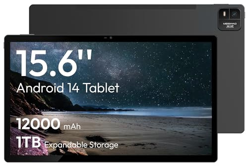MESWAO 15,6 Zoll Android 14 Tablet, 2025 Großes Tablet mit 1080P IPS FHD Display, 8-Kern CPU, 6GB RAM + 128GB ROM, WLAN 5, bis zu 1TB SD-Karte, 12000mAh ganztägige Akkulaufzeit, 5MP+32MP Dual-Kamera