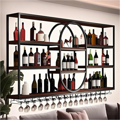 Dernoing 120cm portabottiglie da parete con portabicchieri, scaffale industriale in metallo a 4 ripiani di grande capacità, per bottiglie di vino in stile vintage, scaffale espositivo (Nero, 120CM)