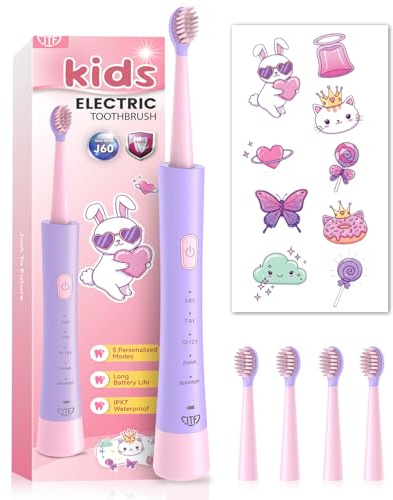 JTF Kids Electric Toothbrush 3-5-6-12, 4 Brush Heads, 5 Modes, Timer, Funny DIY Stickers, 2 Hours Charge for 45 Days, IPX7 Waterproof Toddler Rechargeable Children Sonic Toothbrush for Girls Boy