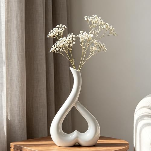 Busnos Weiß Herzförmige Keramik Vase Pampasgras Deko Wohnzimmer modern Vase Zimmer Wohnzimmer Deko Aesthetic Boho Modern Keramik Vasen für Schminktisch Couchtisch Schlafzimmer