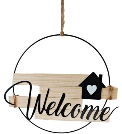 Willkommensschild Welcome Schild Eisen Holz, Rustikales Türschild für Haustür Eingang, Hängende Wanddeko Landhausstil Vintage, Handgefertigtes Wandschild für Flur Wohnzimmer Garten