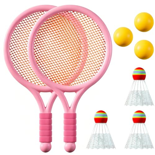 Kids Tennis Rackets Set,Children's Racket Set,2 Rackets, 3 Badminton Balls,3 Tennis Balls,Suitable for Outdoor and Indoor Sports（Pink）