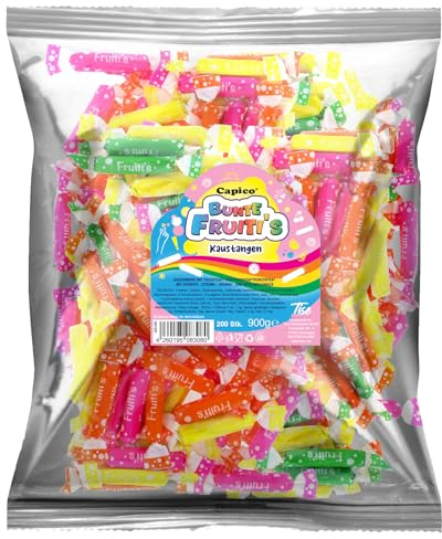 Tise Süsswaren Bunte Fruitis Kaustangen Kaubonbon für Wurfmaterial, Karneval, Fasching (900g, 200 Stück)