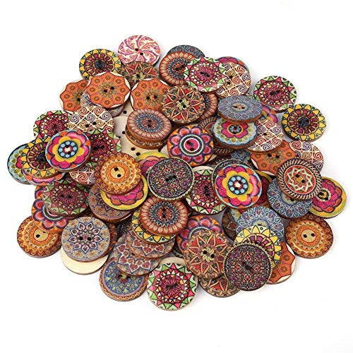 100 Stücke Runde Holz Retro Knöpfe, Vintage Mischmuster 25mm 2 Loch Mandala Nähen Stricken Karte Dekoration