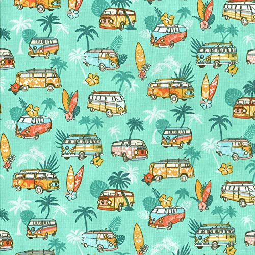 Textiles français Baumwollstoff | SURF Stoff - Zitronengelb, Orange, Korallenrot, Grün & Weiß (Grundfarbe: Minzgrün) | 100% Baumwolle | Stoffbreite: 160 cm (pro Laufmeter)*
