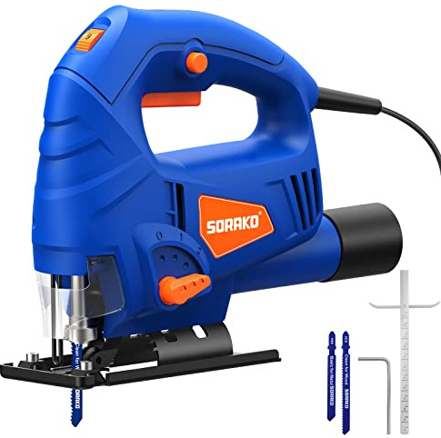 SORAKO Jigsaw, 5.0Amp Jig Saw Tool Corded Electric Power Cutter,800-3000 SPM Jig Saw, 6 Variable Speed, 0°-45° Bevel Cutting, 4 Orbital Sets, for Woodworking with 2PCS Blades & Scale Ruler
