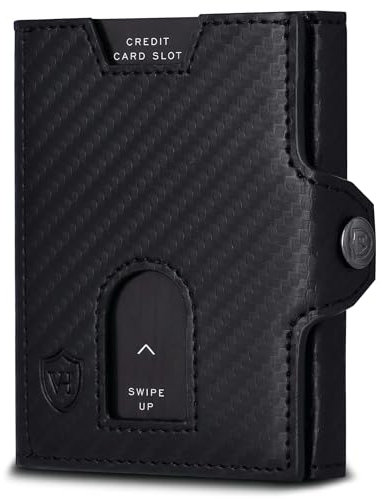 VON HEESEN Slim Wallet mit XXL Münzfach & RFID-Schutz - Leder Geldbeutel - Mini Geldbörse für Herren und Damen - Kartenetui Echtleder Karten Portemonnaie klein - Kreditkartenetui Carbon-Schwarz