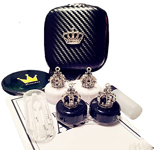 HUNWEY Fashion Contact Lens Case Cute Crown Black White Leakproof Portable Box with Mirror 2 Pack