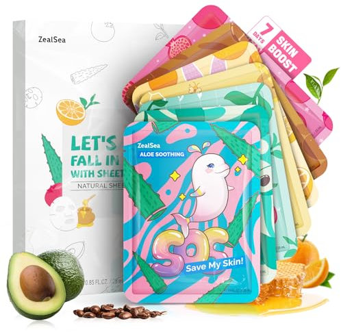 Face Masks Skincare, Face Mask Beauty, Hydrating Facial Masks, Zealsea Natural Sheet Mask, Pamper Gifts for Women, Party Birthday Gifts for Teenage Girls Kids, Biodegradable Sheets, Moisturizing 7pcs