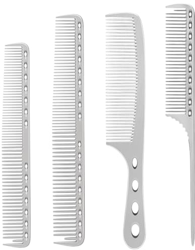 Cgbarber Professionell morgonkam i aluminium, 4 typer metallhårkammar för hårstyling inkluderar lång hårklippningskam, kort stylingkam, handtagskam, svanskam (silver)