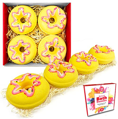 ZIMPLI - 4 x Large Doughnut Bath Bombs, Fizzing Colourful Bath Fizzers, Birthday Gift Set for Women, Her, Girlfriend, Mum, Hamper Gifts