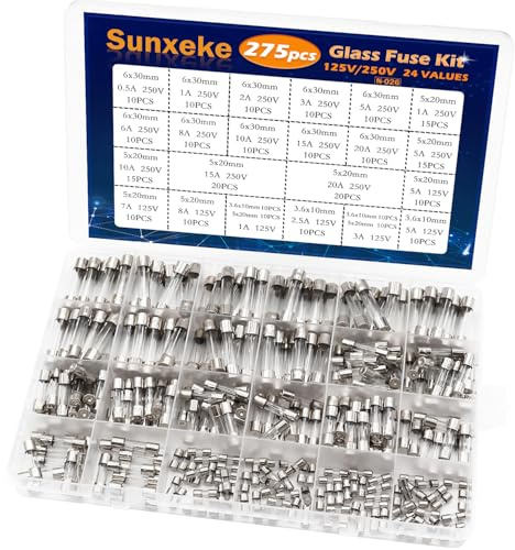 Sunxeke 24 Values 275Pcs Fast Blow Glass Fuses Assortment Kit 250V 6x30mm 5x20mm 0.5A 1A 2A 3A 5A 6A 8A 10A 15A 20A 125V 5x20mm 3.6X10mm 1A 2.5A 3A 5A 7A 8A