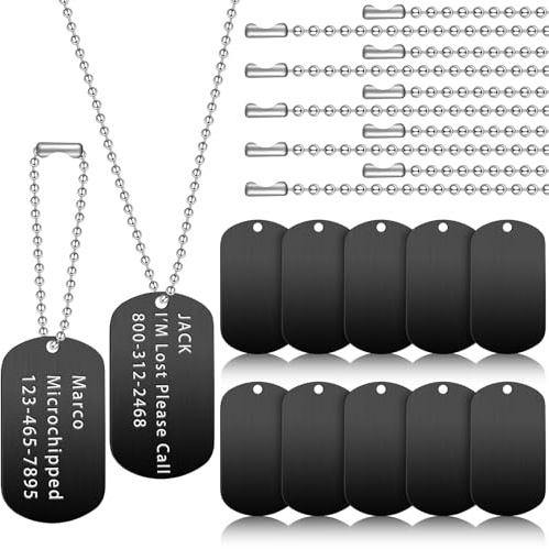 Romooa 20 Pieces Military Dog Tags Set Including 10 Stainless Steel Army Blank Dog Tags 10 Steel Chains Personalized Pet Oval Pendant Necklaces for Stamping Engraving DIY Halloween Craft(Black)