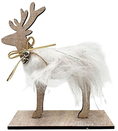 Acan Tradineur - Figurine de renne en bois avec poils de polyester et hochets, décoration de Noël festive pour étagères, tables, étagères, 18,3 x 15 cm
