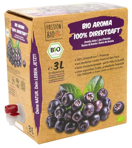 Bio Aronia Direktsaft, 3 Liter - aus deutschem Anbau - Aroniasaft aus 100% Aroniabeeren, 30 Tage Vorratspackung - ohne zugesetzten Zucker, ohne Süßstoffe (lt. Gesetz), enthält von Natur aus Zucker