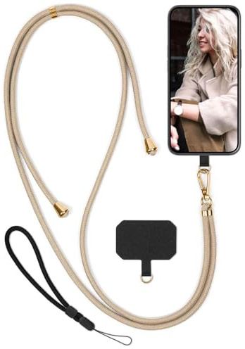 moex Unleash für Huawei P30 Lite/P30 Lite New Handyband zum Umhängen ohne Hülle, Handykette Universal mit Karabiner, Handy Band abnehmbar, Kette mit Pad für Handyhülle, Beige, Gold