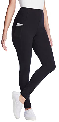 Woman Within Plus Size Tall Stretch-Cotton Knit Pull-On Pocket Leggings - 3X, Black