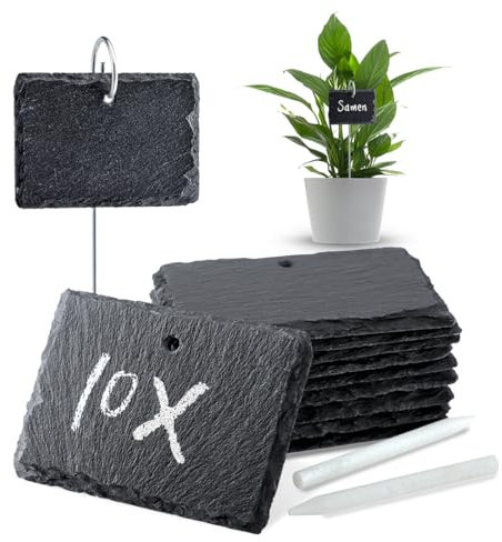 WLWNWFT Pflanzenschilder zum Beschriften 10er Set, Schiefer Pflanzschilder für Draussen, Schilder aus Schiefer inkl. Kreidestift, Pflanzenstecker für Kräuter, Blumen, Gemüse, 10 x 7 cm