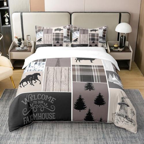 Kinder Pferd Komfort Abdeckung,Western Bauernhaus Windmühle Bettbezug Rustikale Kabine Dekor,Southwestern Cowboy Hufeisen 100% Bio Baumwolle Bettwäsche Set 200x200,Gitter Plaid Patchwork Bett Set