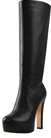 Botas con plataforma - Botas largas - Tacón bloque - Punta redonda - Tacones altos, Negro , 41 EU